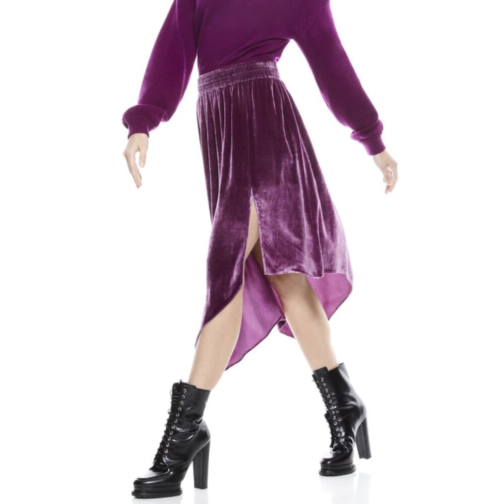 Alice + Olivia Angelique Asymmetrical Silk Velvet Midi Skirt Purple NWT 4 Small